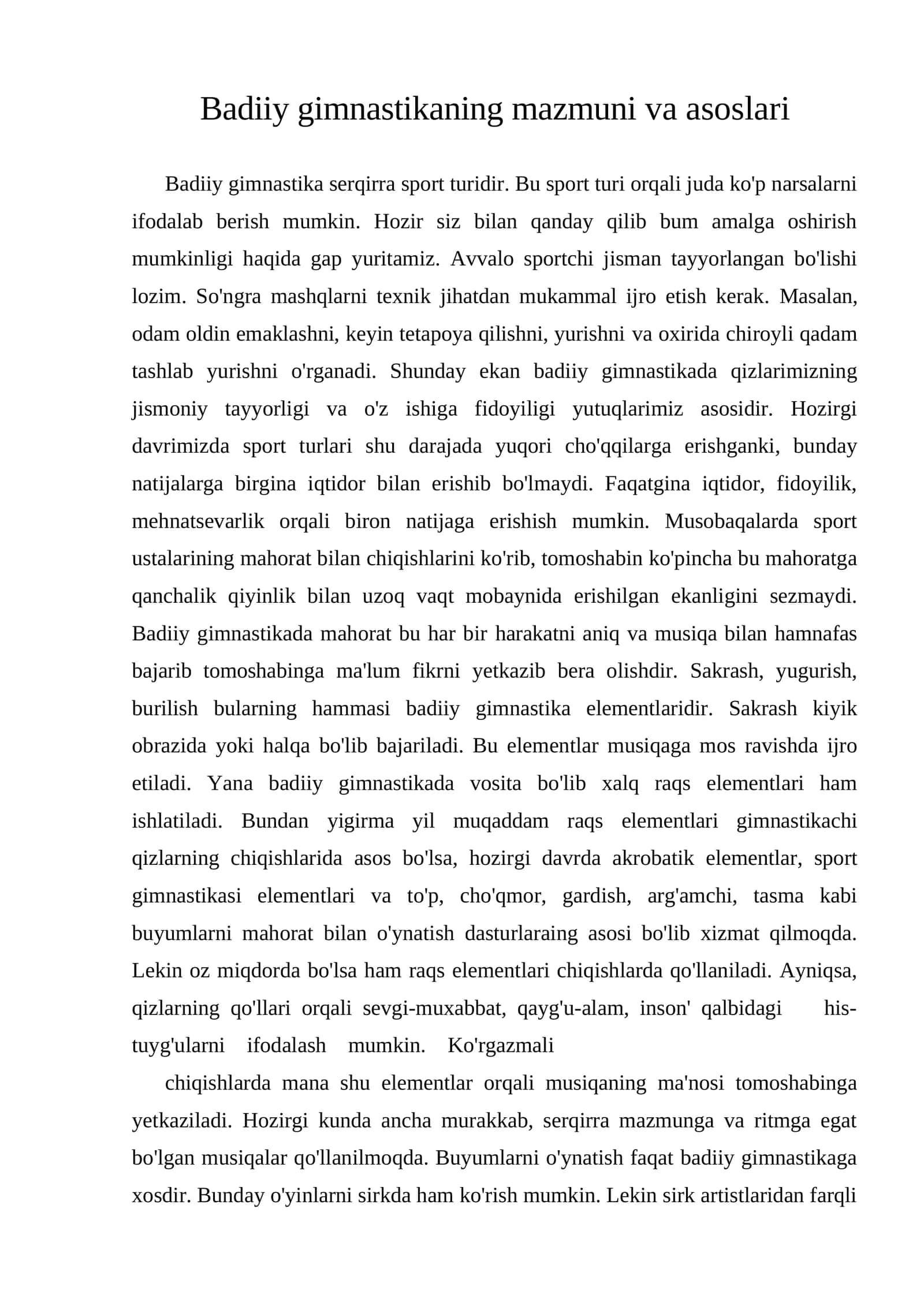 Badiiy gimnastikaning mazmuni va asoslari