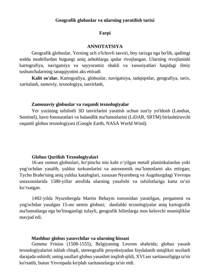 Geografik globuslar va ularning yaratilish tarixi