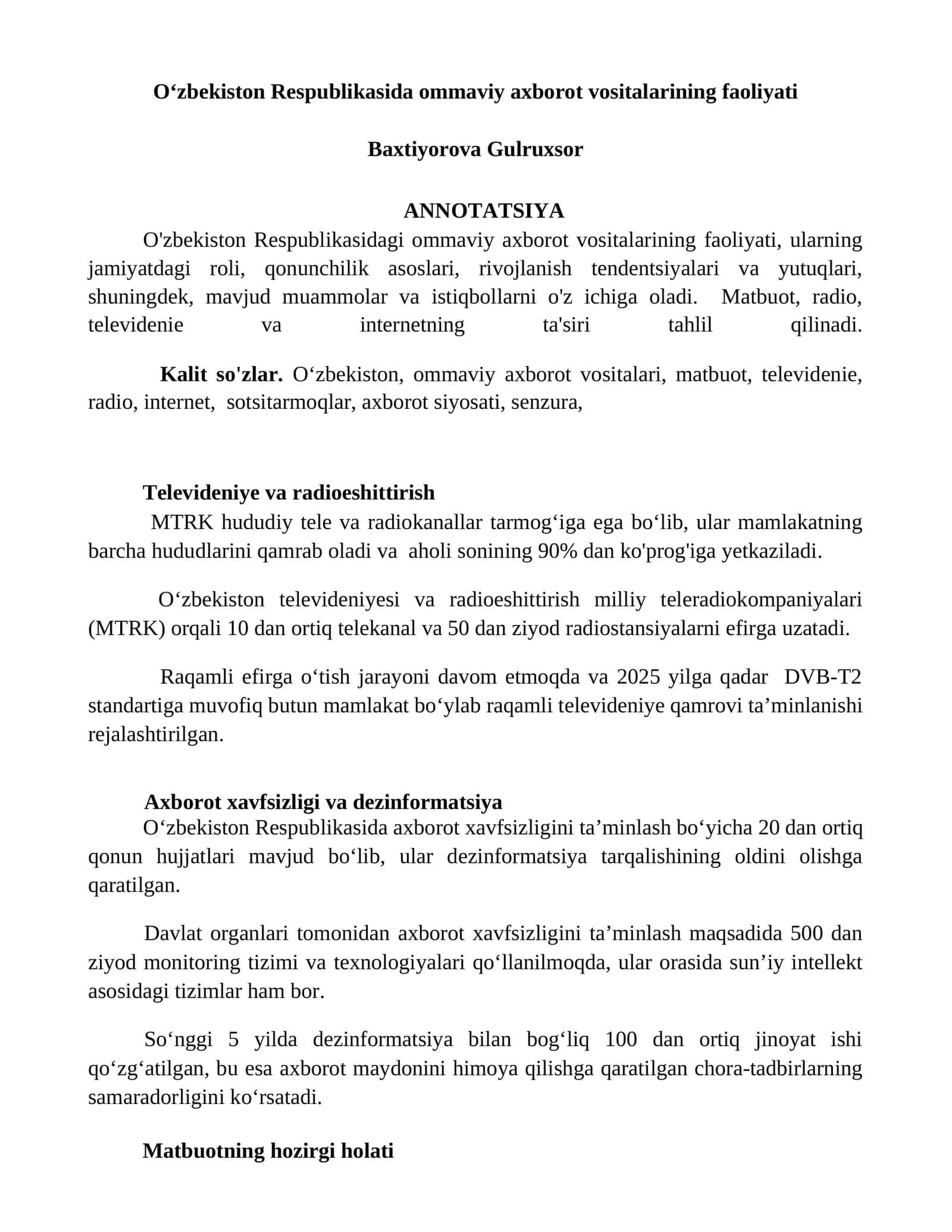 O‘zbekiston Respublikasida ommaviy axborot vositalarining faoliyati
