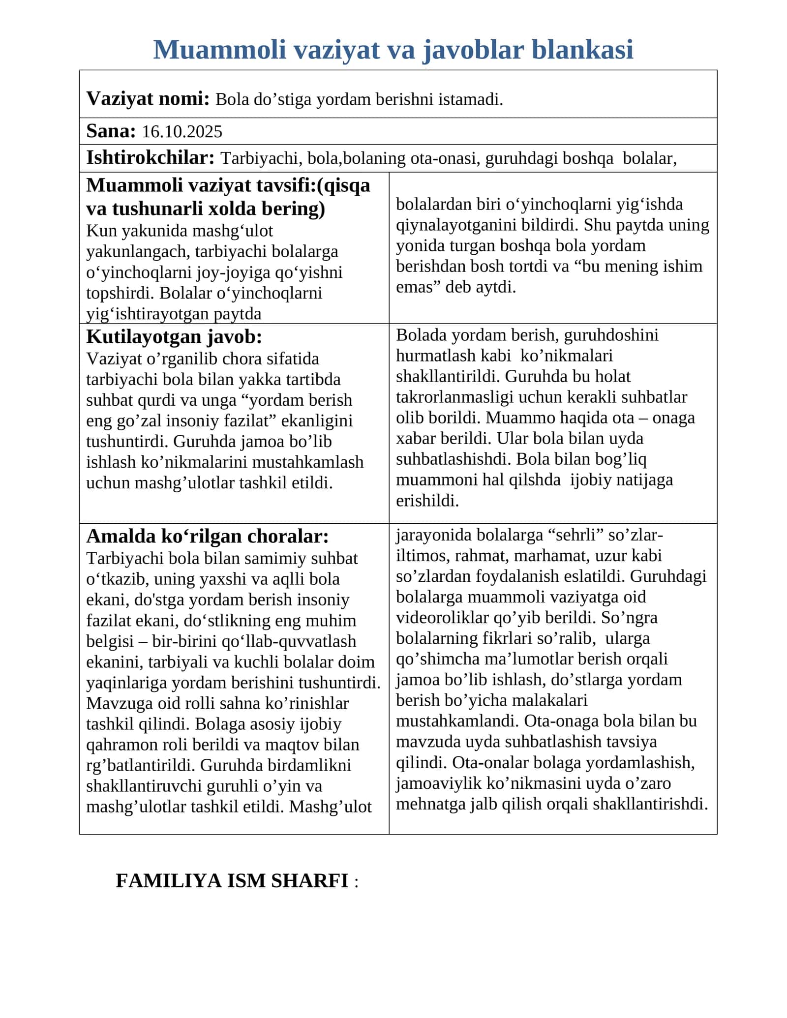 Bola do’stiga yordam berishni istamadi muammoli vaziyat