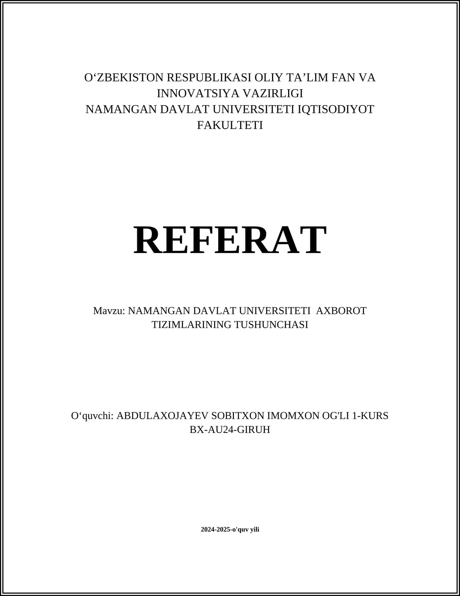 NAMANGAN DAVLAT UNIVERSITETI AXBOROT TIZIMLARINING TUSHUNCHASI