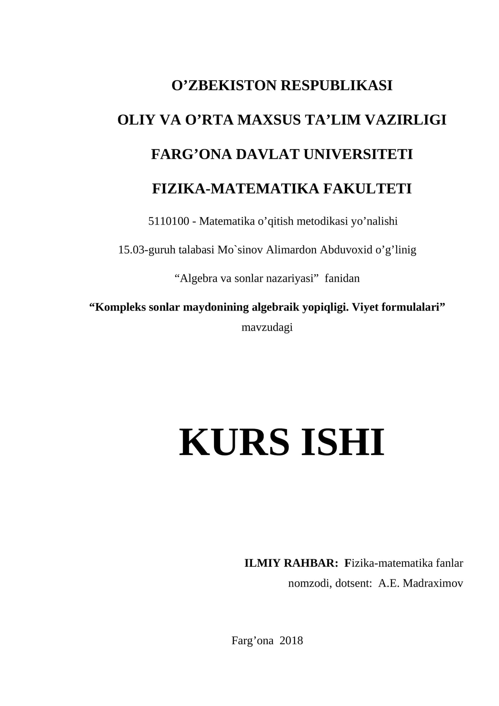 Compleks sonlar maydoni metodikasi