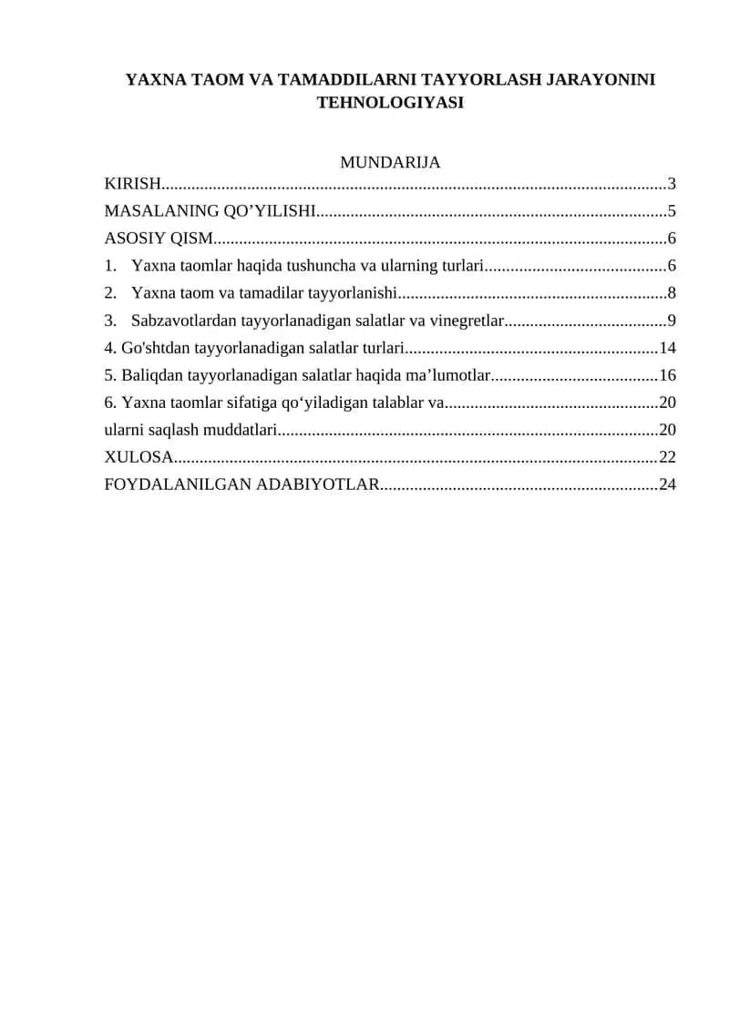 Yaxna Taom va Tamaddilarni Tayyorlash Jarayonini Tehnologiyasi