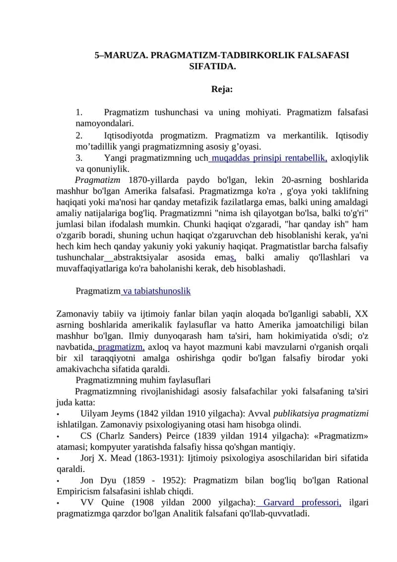PRAGMATIZM-TADBIRKORLIK FALSAFASI SIFATIDA