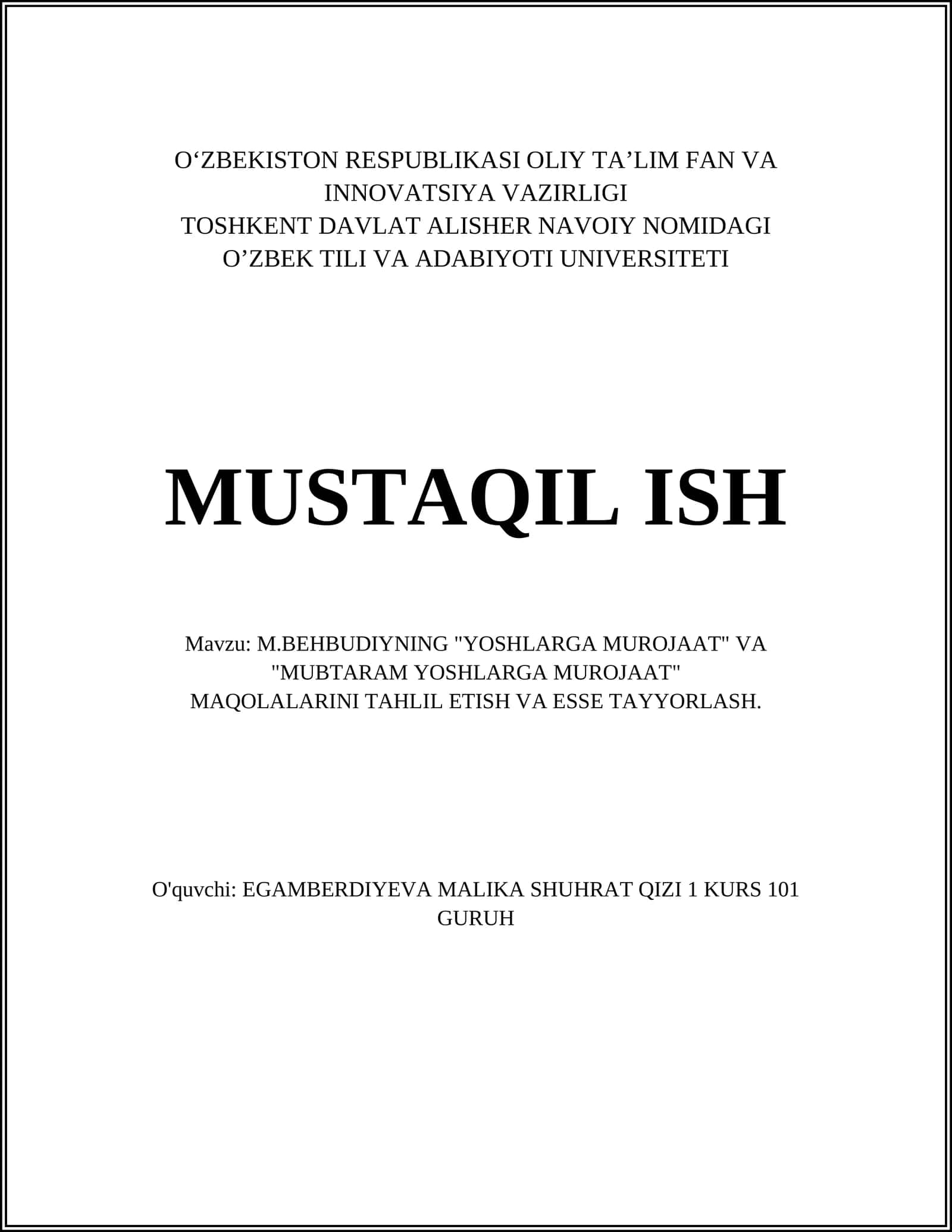 M.BEHBUDIYNING "YOSHLARGA MUROJAAT" VA "MUBTARAM YOSHLARGA MUROJAAT" MAQOLALARINI TAHLIL ETISH VA ESSE TAYYORLASH