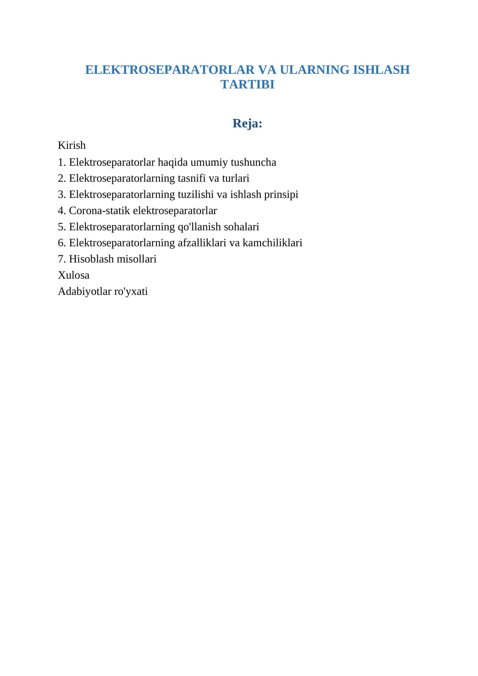 ELEKTROSEPARATORLAR VA ULARNING ISHLASH TARTIBI