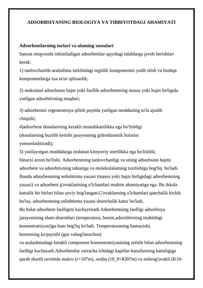 Adsorbsiyaning Biologiya va Tibbiyotdagi Ahamiyati