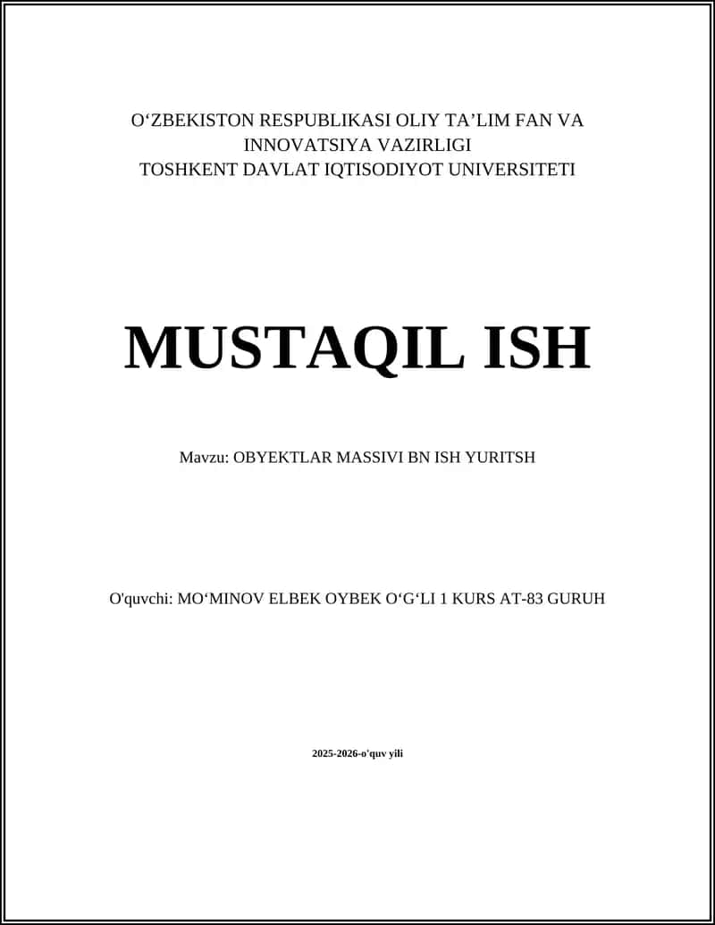 OBYEKTLAR MASSIVI BN ISH YURITSH