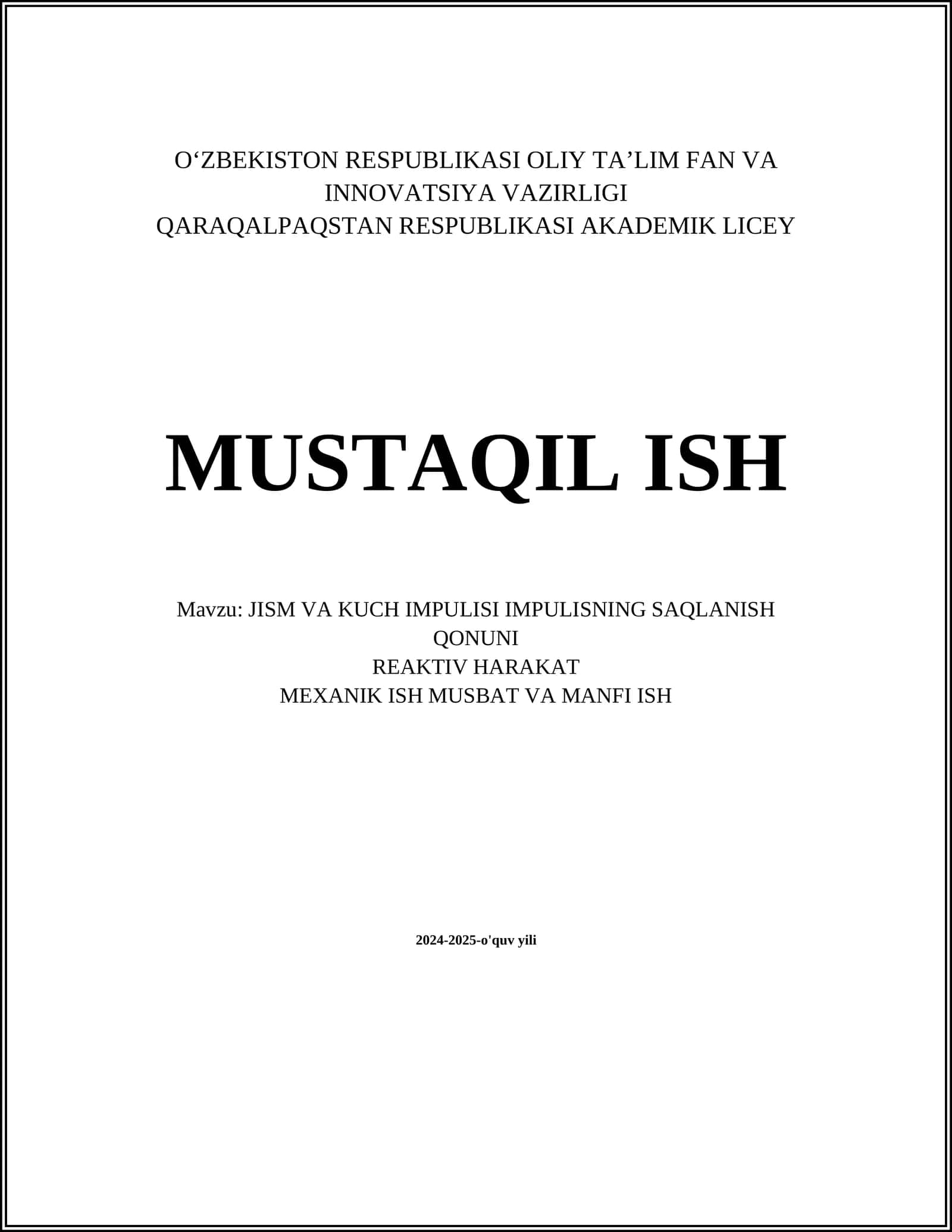 JISM VA KUCH IMPULISI IMPULISNING SAQLANISH QONUNI