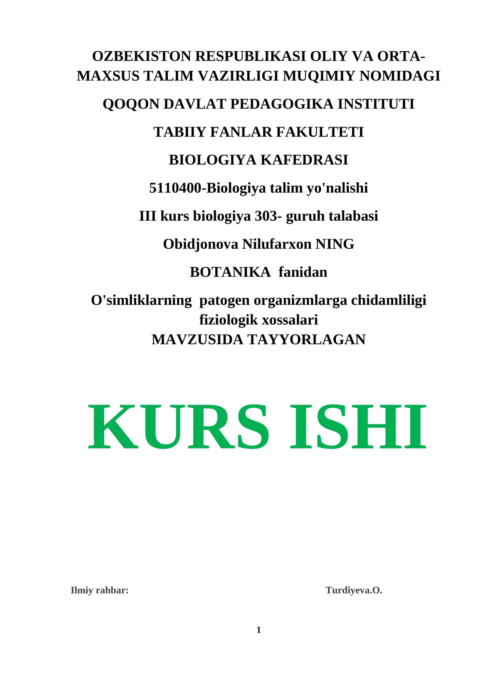 O'simliklarning patogen organizmlarga chidamliligi fiziologik xossalari