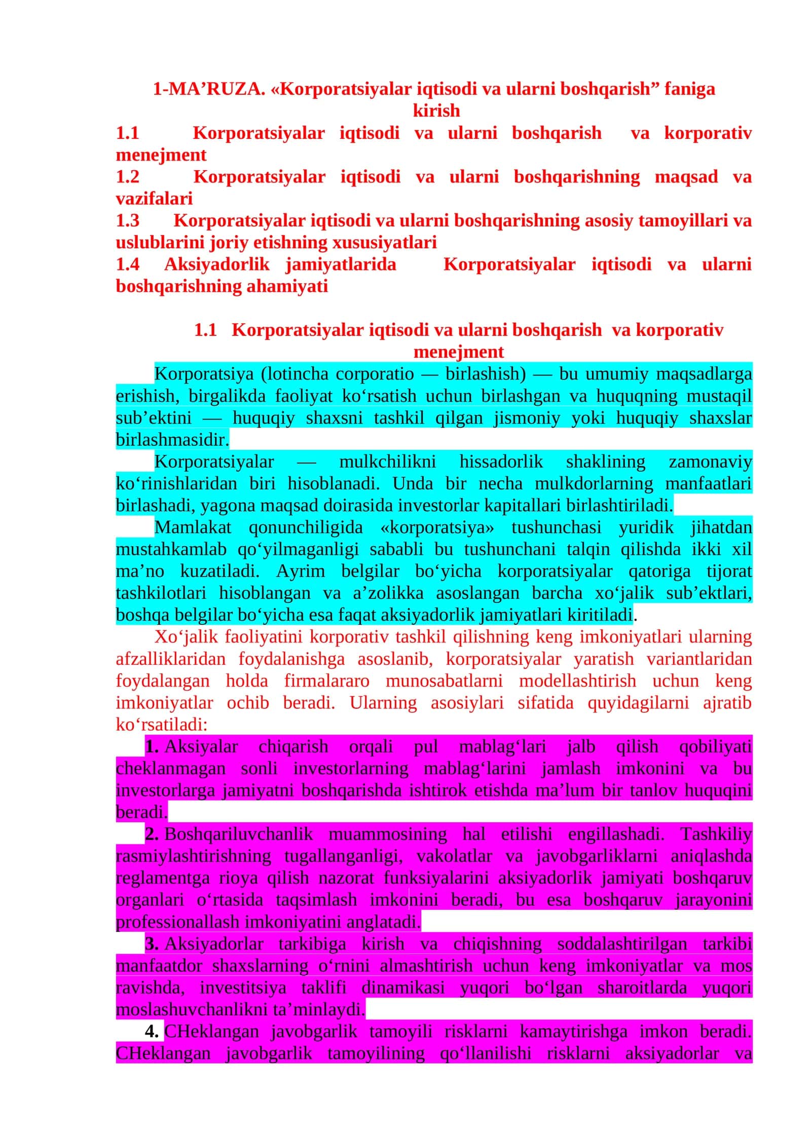 Korporatsiyalar iqtisodi va ularni boshqarish