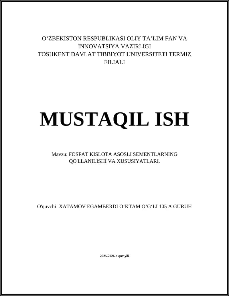 FOSFAT KISLOTA ASOSLI SEMENTLARNING QO'LLANILISHI VA XUSUSIYATLARI