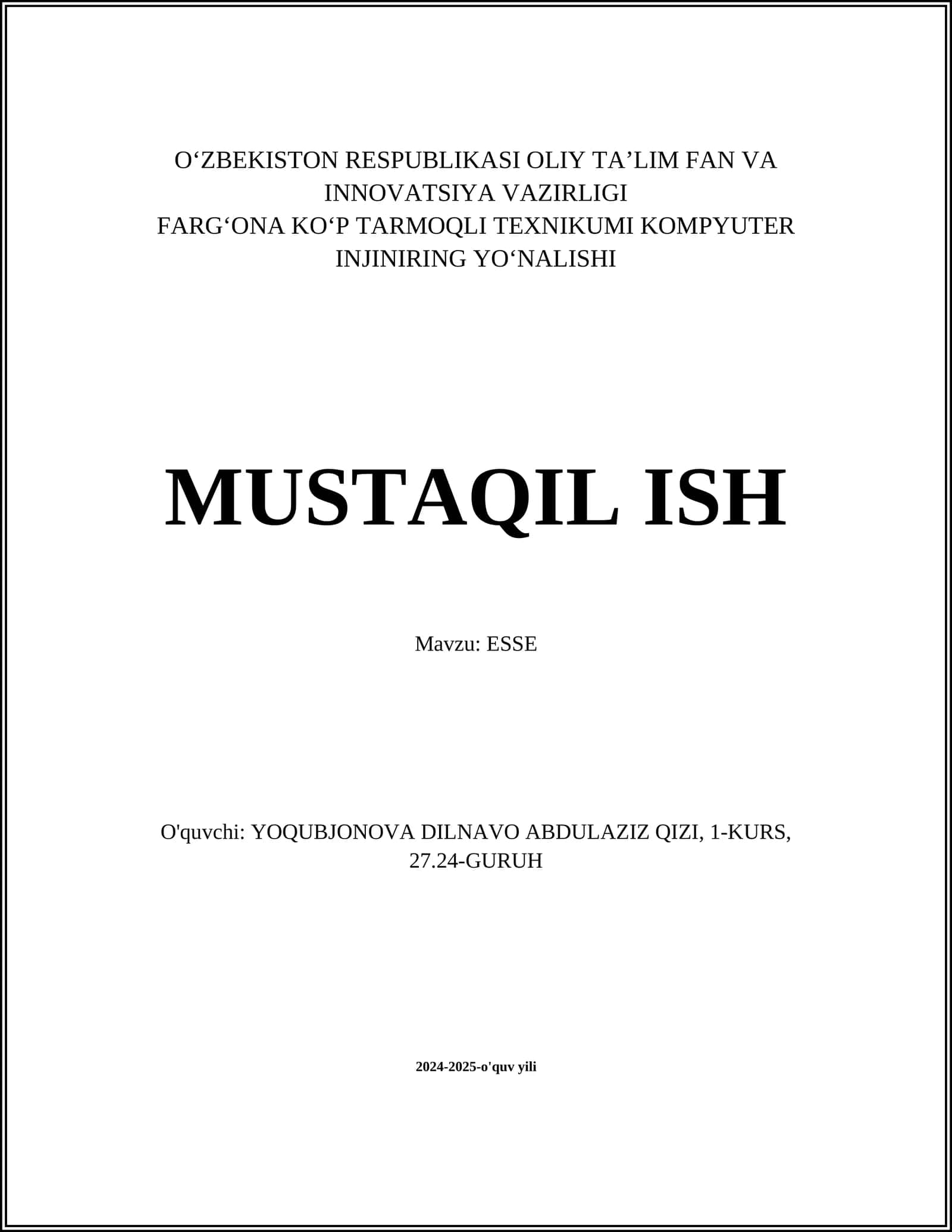 MUSTAQIL ISH Mavzu: ESSE