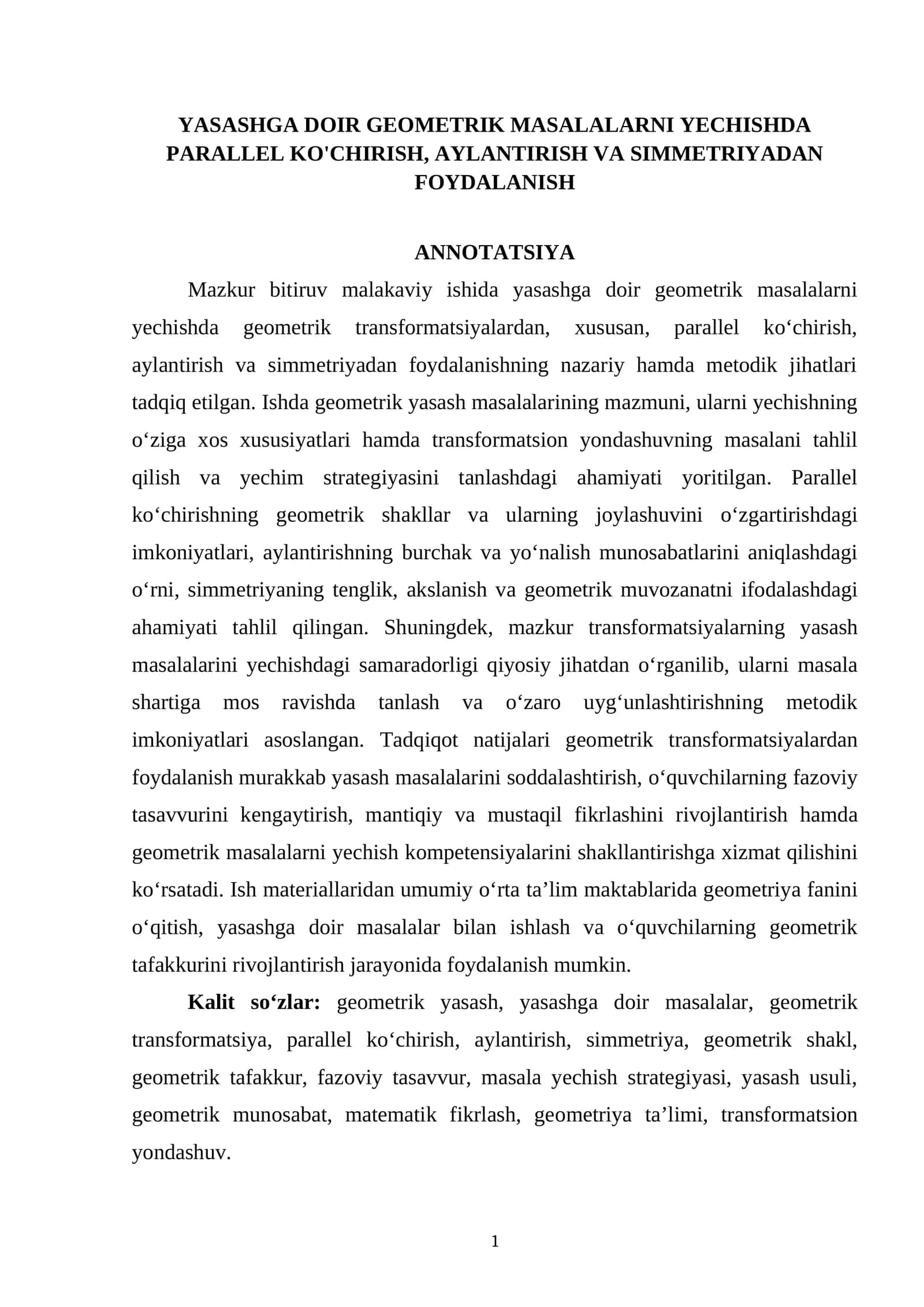 YАSАSHGА DОIR GЕОMЕTRIK MАSАLАLАRNI YЕCHISHDА РАRАLLЕL KО'CHIRISH, АYLАNTIRISH VА SIMMЕTRIYАDАN FОYDАLАNISH