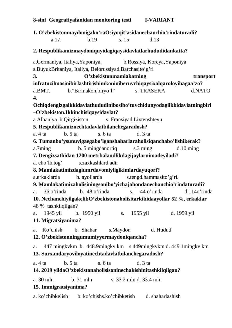 8-sinf Geografiya fanidan monitoring testi I-VARIANT