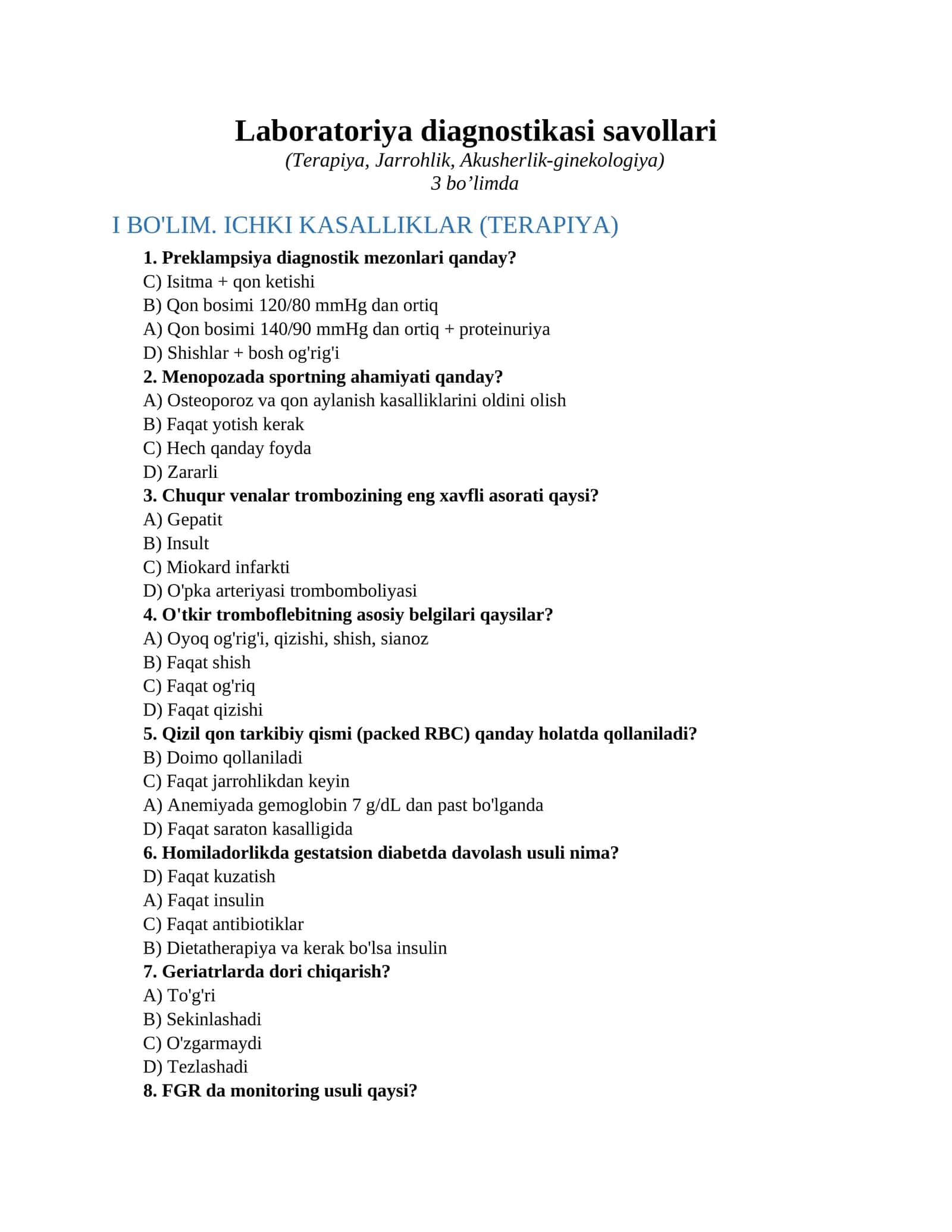 Laboratoriya diagnostikasi savollari