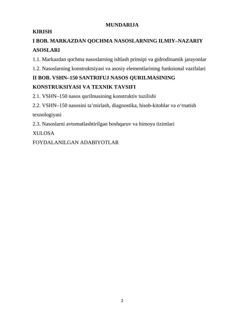 MARKAZDAN QOCHMA NASOSLARNI MODERNIZATSIYA VA AVTOMATLASHTRISH
