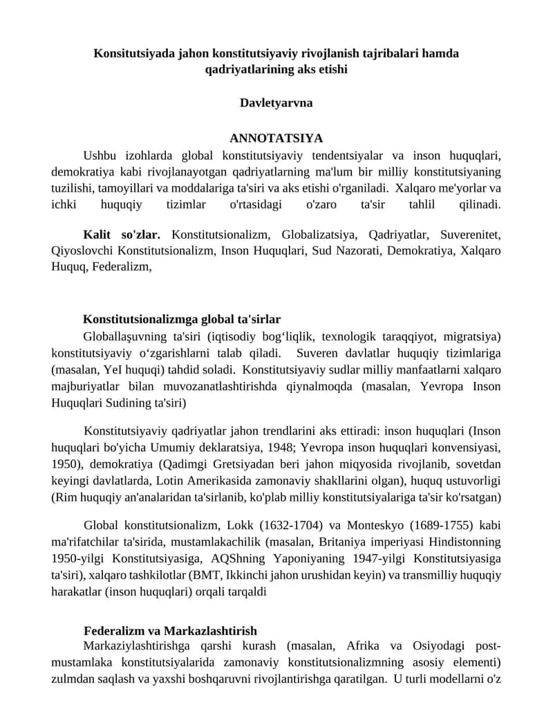 Konstitutsiyada Jahon Konstitutsiyaviy Rivojlanish Tajribalari hamda Qadriyatlarining Aks Etishi