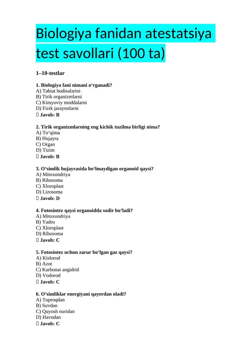 Biologiya fanidan atestatsiya test savollari (100 ta)