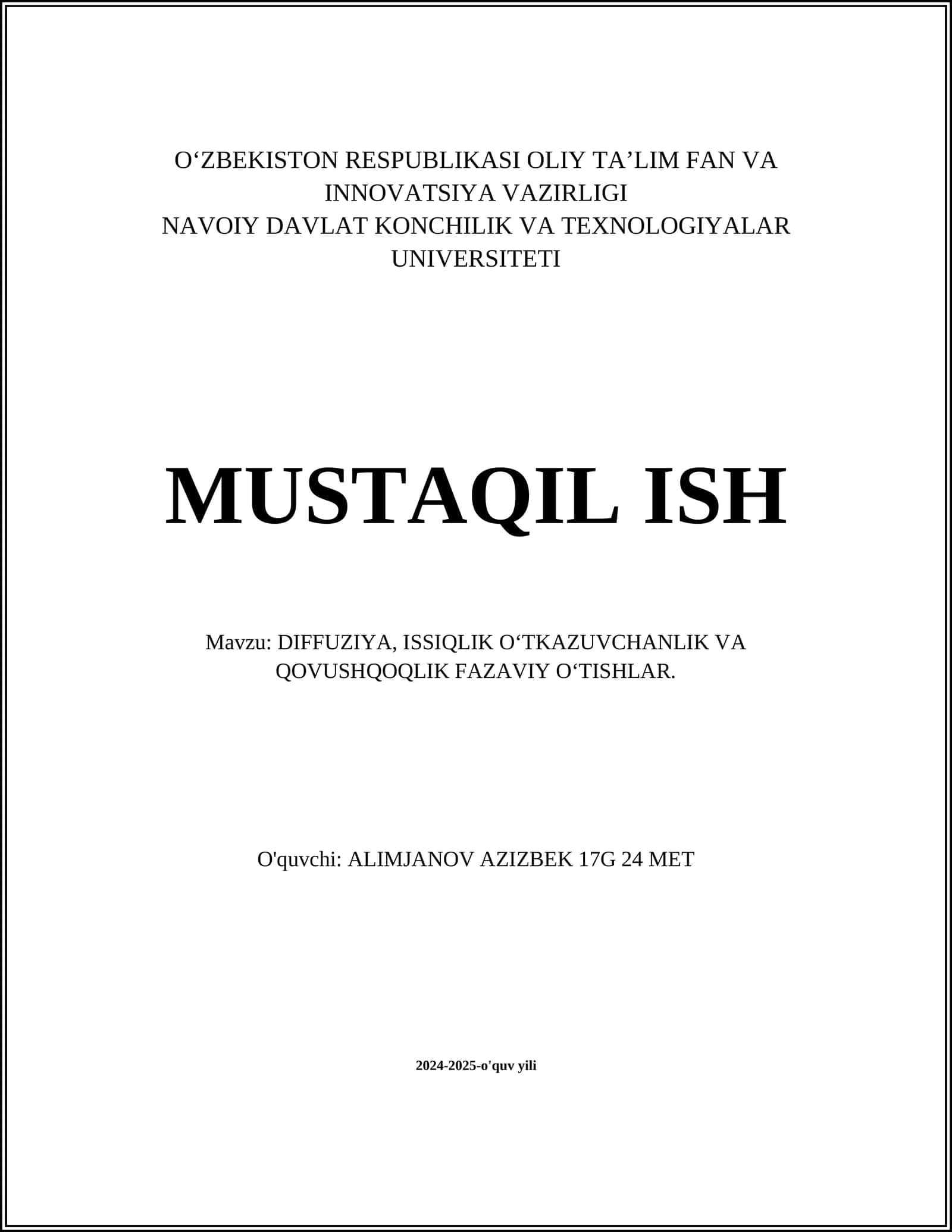 DIFFUZIYA, ISSIQLIK OʻTKAZUVCHANLIK VA QOVUSHQOQLIK FAZAVIY OʻTISHLAR