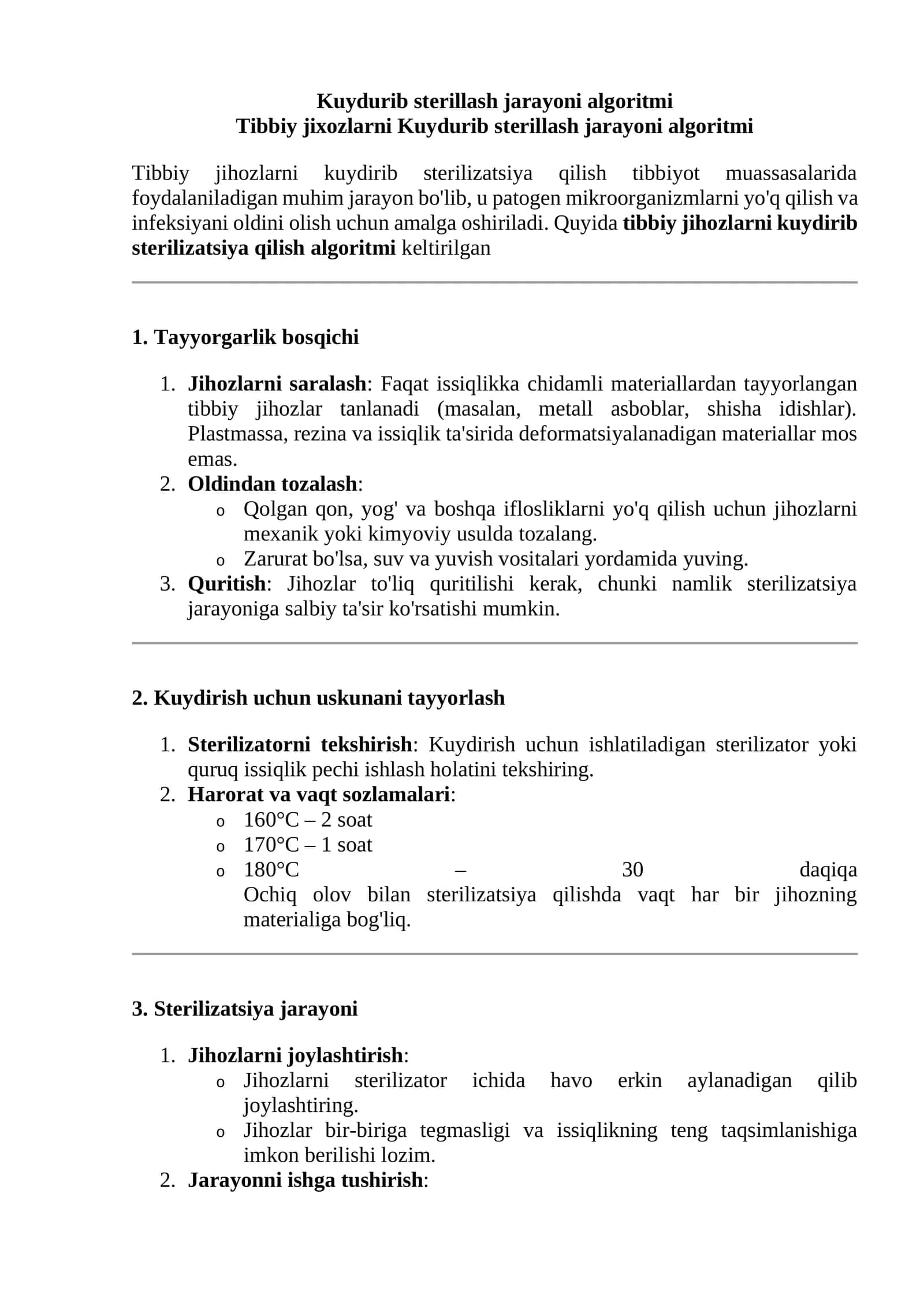 Tibbiy jihozlarni kuydirib sterilizatsiya qilish algoritmi