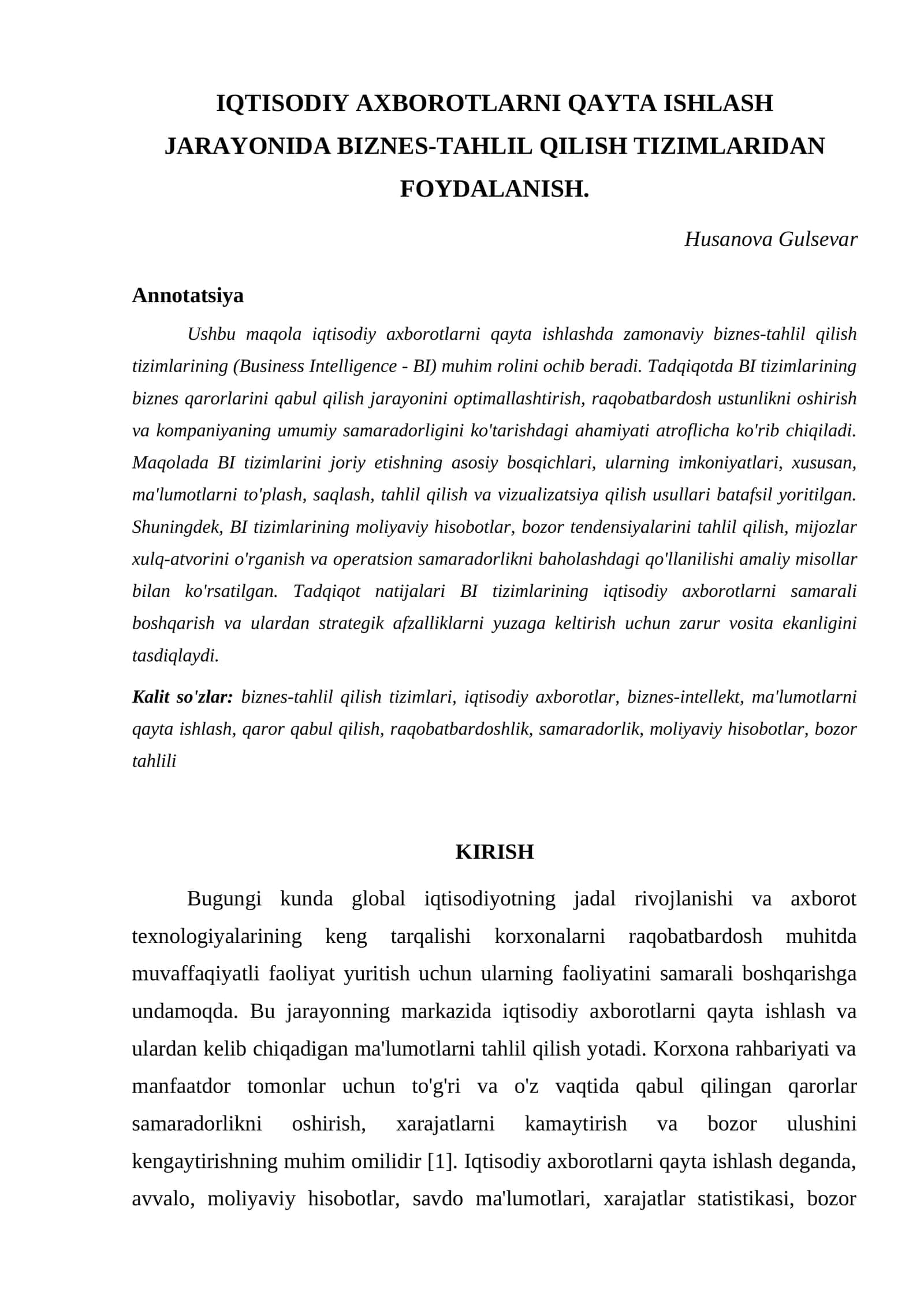 IQTISODIY AXBOROTLARNI QAYTA ISHLASH JARAYONIDA BIZNES-TAHLIL QILISH TIZIMLARIDAN FOYDALANISH