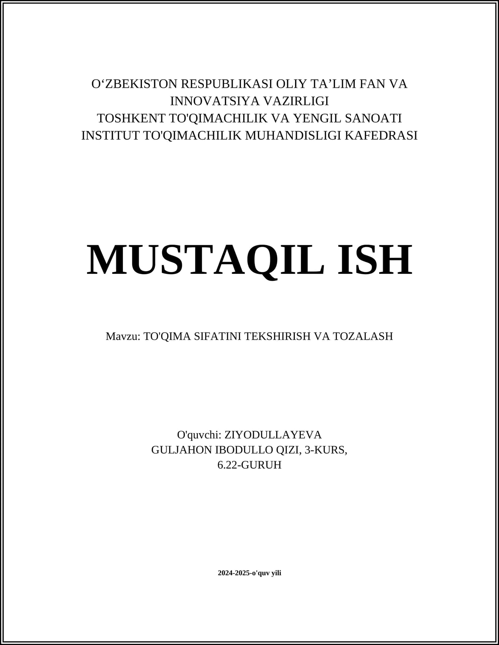 TO'QIMA SIFATINI TEKSHIRISH VA TOZALASH