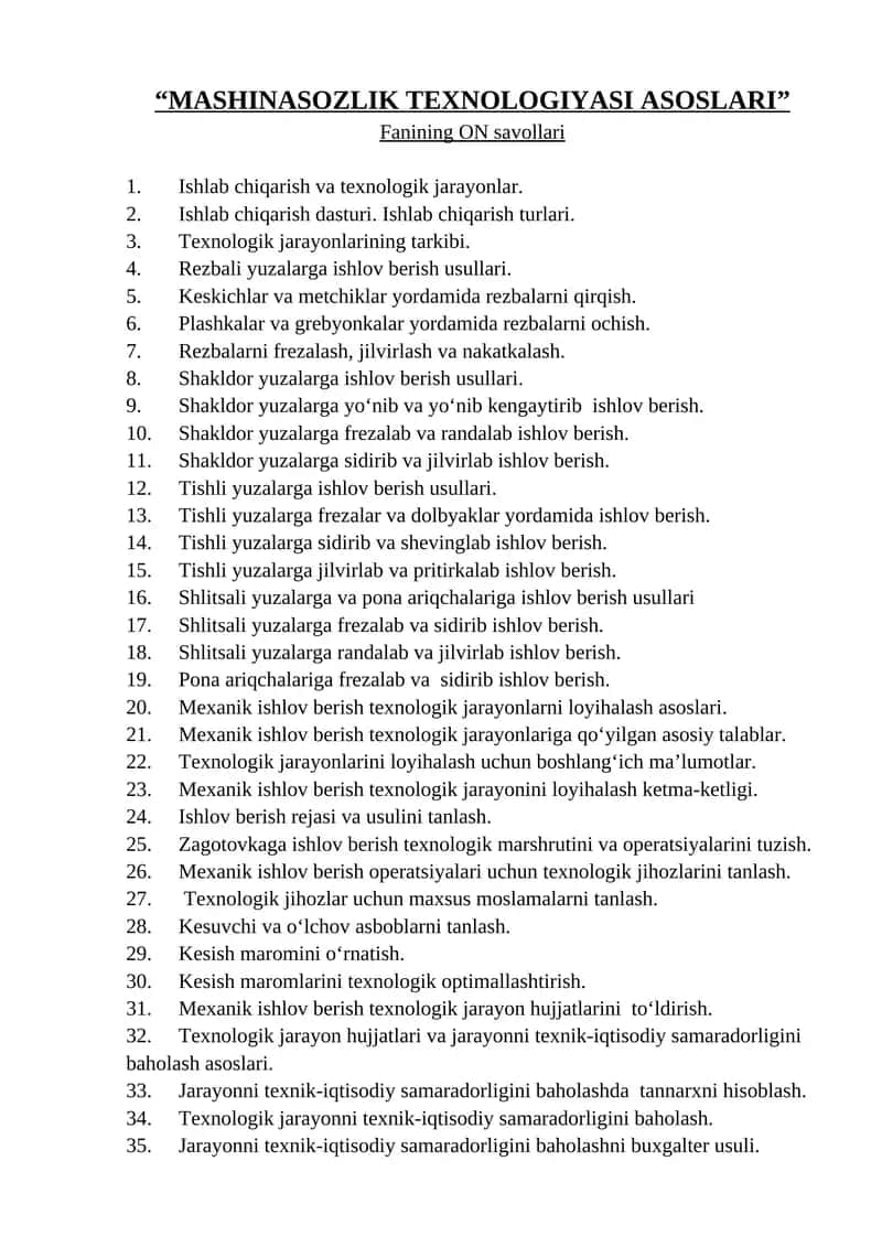 MASHINASOZLIK TEXNOLOGIYASI ASOSLARI