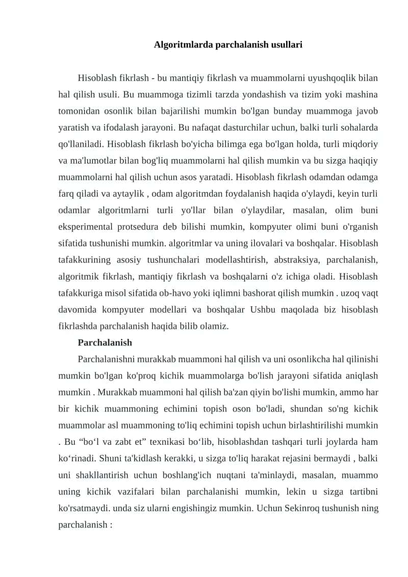 Algoritmlarda parchalanish usullari
