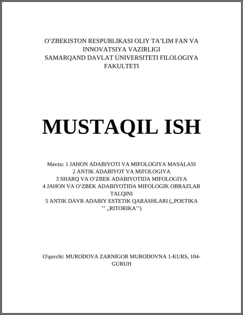 JAHON ADABIYOTI VA MIFOLOGIYA MASALASI