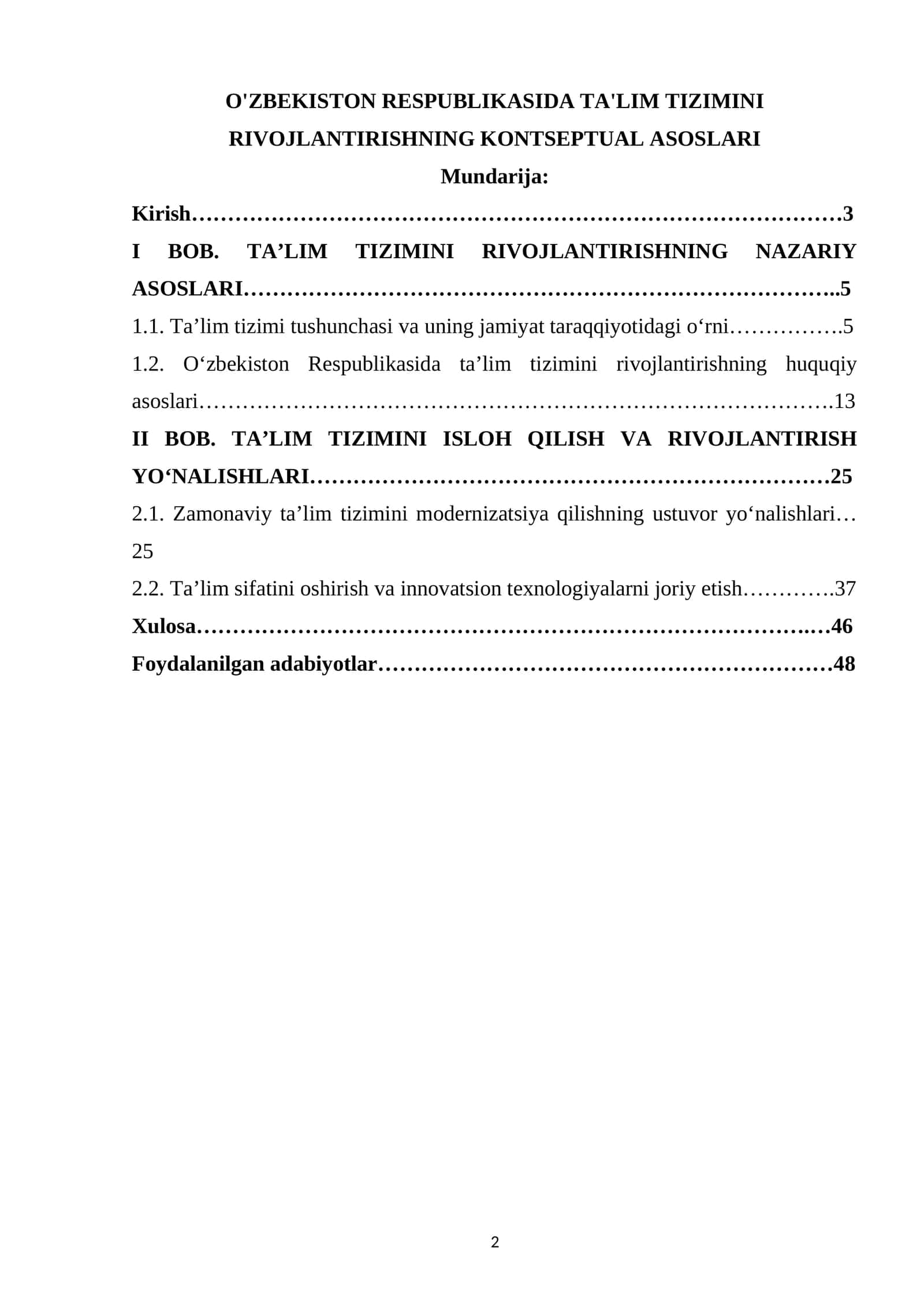O'ZBEKISTON RESPUBLIKASIDA TA'LIM TIZIMINI RIVOJLANTIRISHNING KONTSEPTUAL ASOSLARI