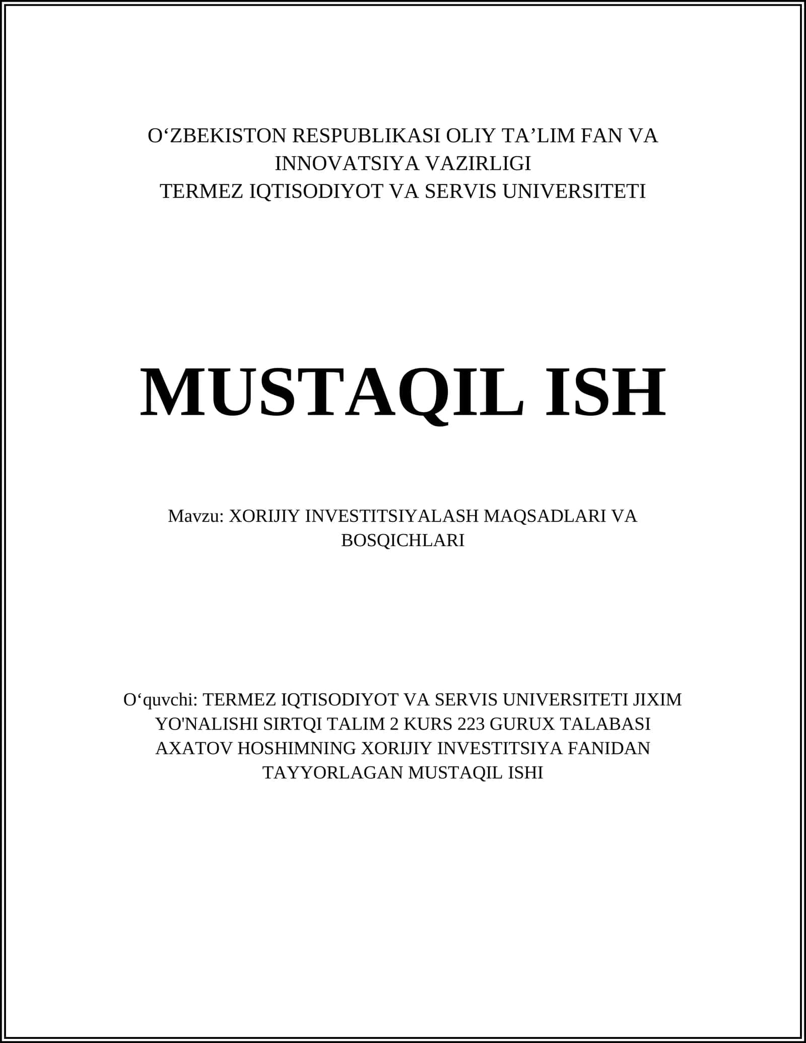 XORIJIY INVESTITSIYALASH MAQSADLARI VA BOSQICHLARI