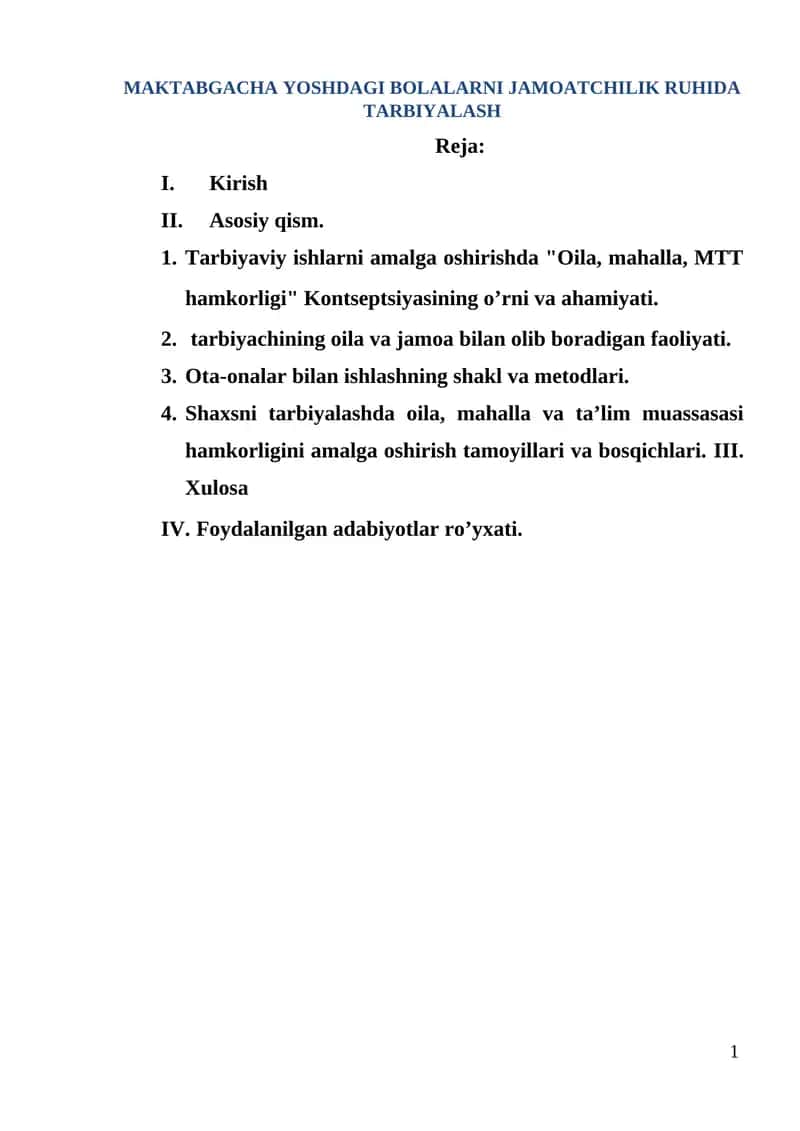 MAKTABGACHA YOSHDAGI BOLALARNI JAMOATCHILIK RUHIDA TARBIYALASH