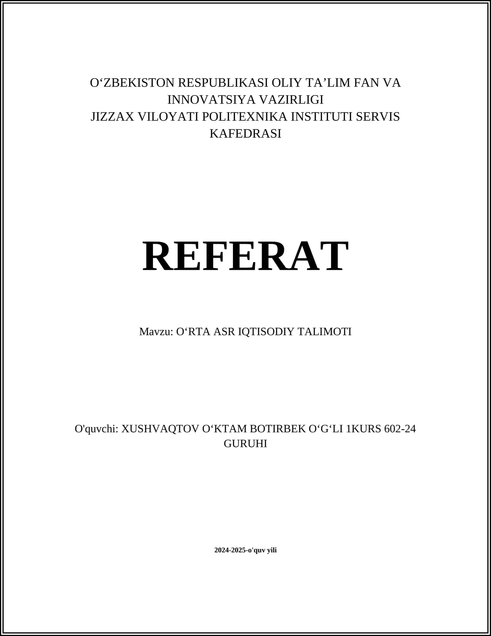 O‘rta asr iqtisodiy tafakkur