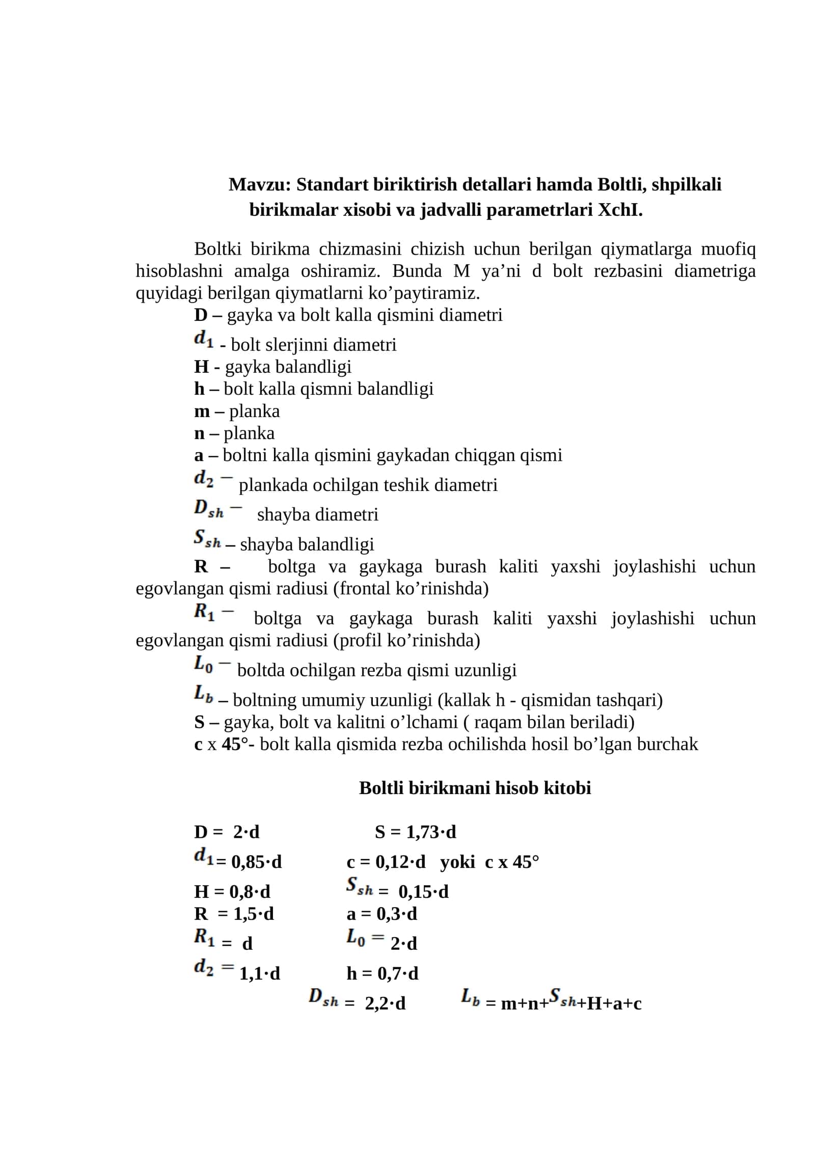 Standart biriktirish detallari hamda Boltli, shpilkali birikmalar xisobi va jadvalli parametrlari XchI