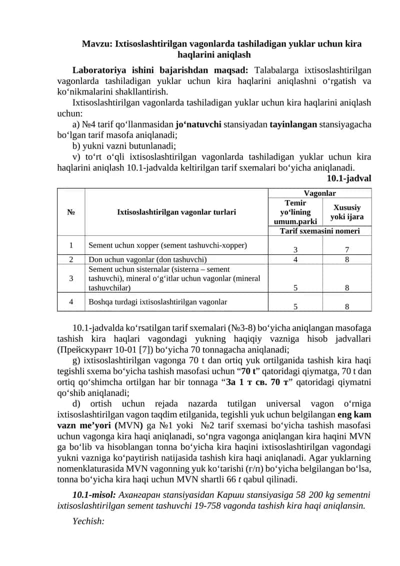Ixtisoslashtirilgan vagonlarda tashiladigan yuklar uchun kira haqlarini aniqlash