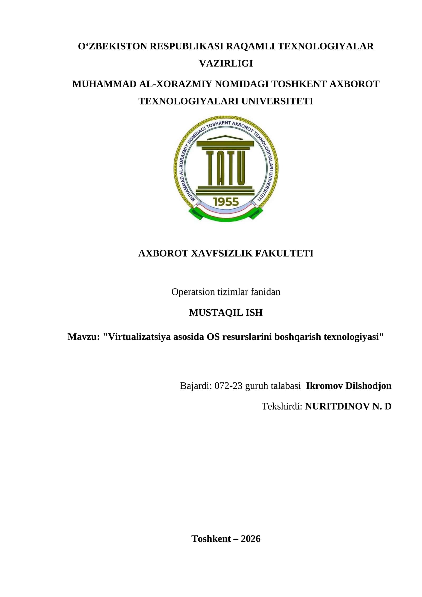 Virtualizatsiya asosida OS resurslarini boshqarish texnologiyasi