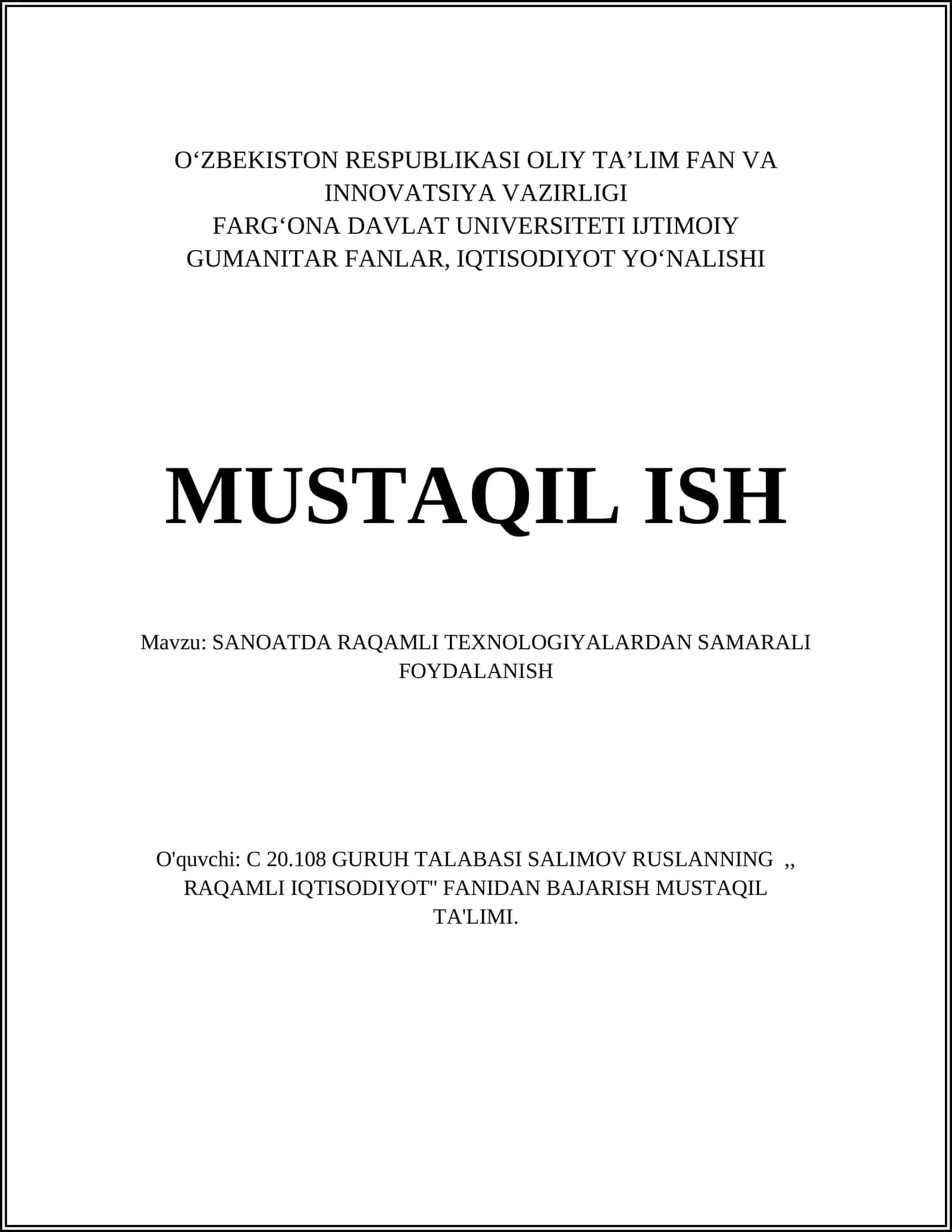 SANOATDA RAQAMLI TEXNOLOGIYALARDAN SAMARALI FOYDALANISH