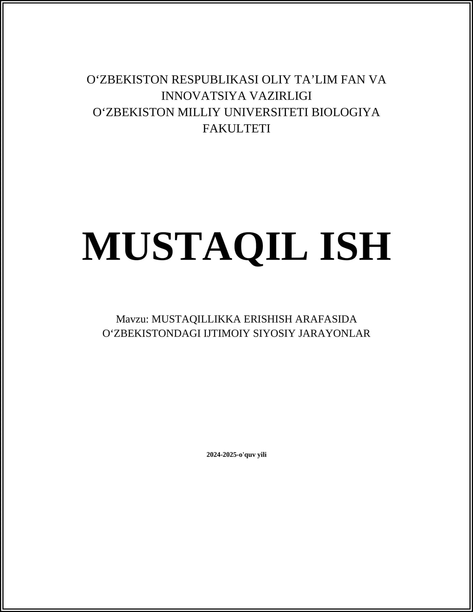 MUSTAQILLIKKA ERISHISH ARAFASIDA OʻZBEKISTONDAGI IJTIMOIY SIYOSIY JARAYONLAR
