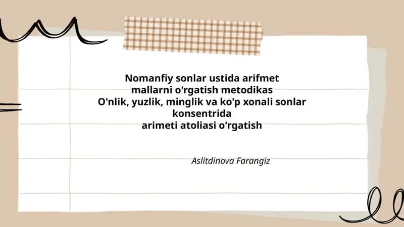 Nomanfiy sonlar ustida arifmetmallarni o'rgatish metodikas