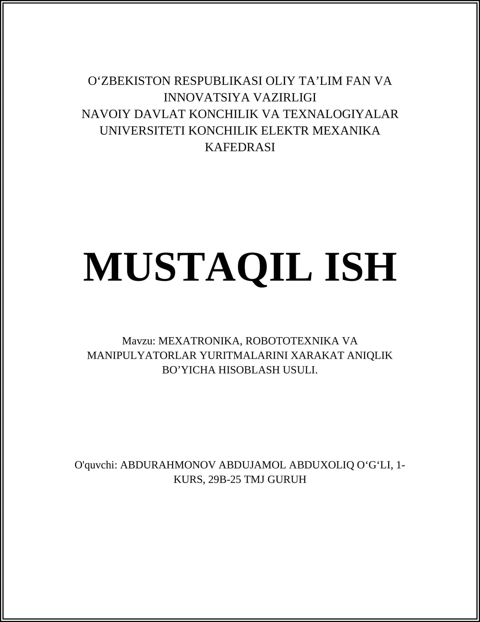 Kinematika va Teskari Kinematika Harakat Aniqligi Bo‘yicha Hisoblash Usullari