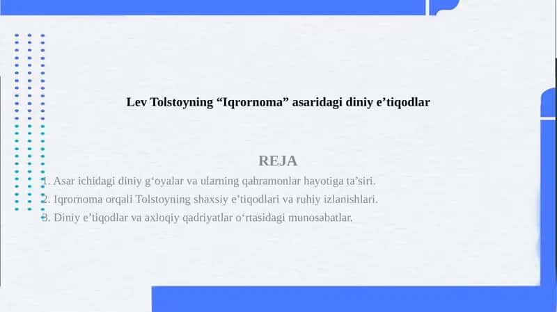 Lev Tolstoyning “Iqrornoma” asaridagi diniy e’tiqodlar