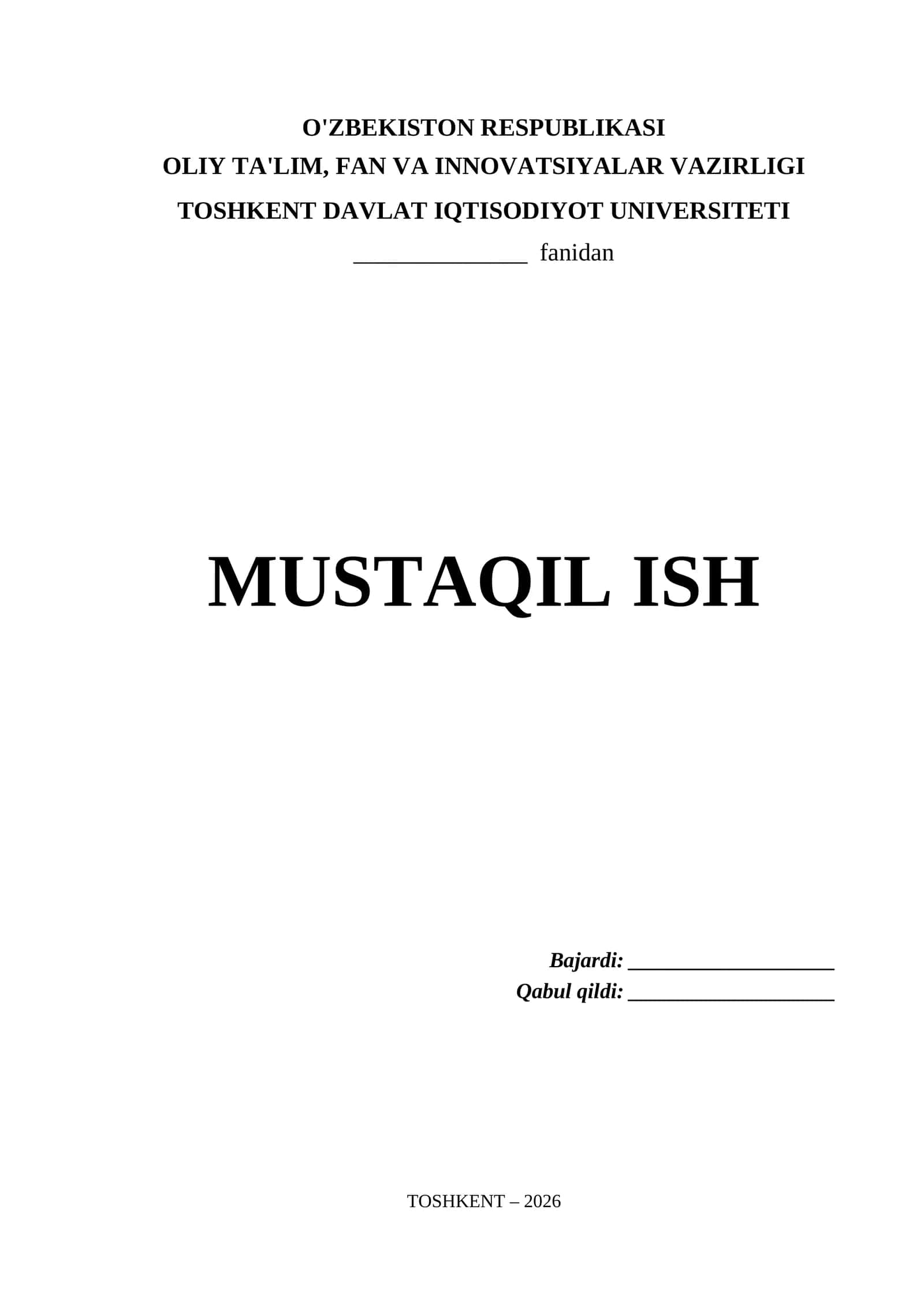 Toshkent Davlat Iqtisodiyot Universiteti Mustaqil Ish Titul Varaq (.docx)