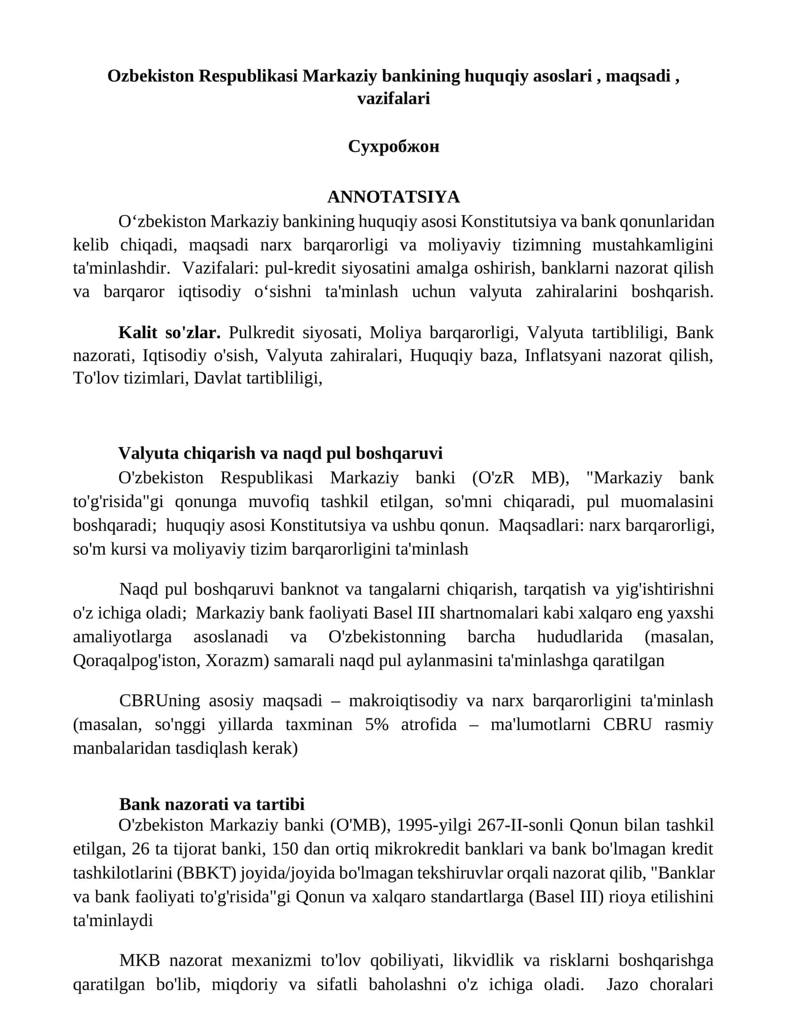 O'zbekiston Respublikasi Markaziy bankining huquqiy asoslari, maqsadi, vazifalari