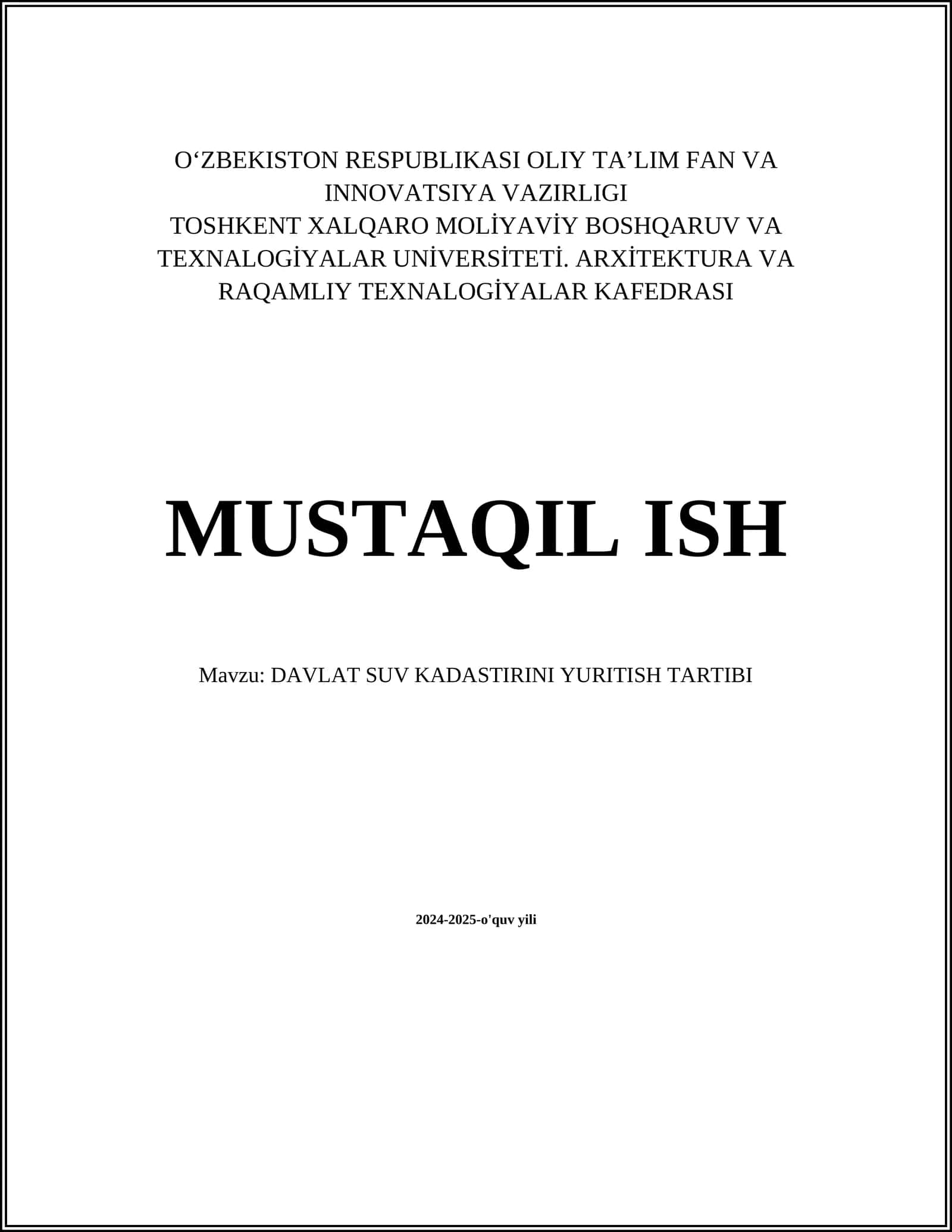DAVLAT SUV KADASTIRINI YURITISH TARTIBI