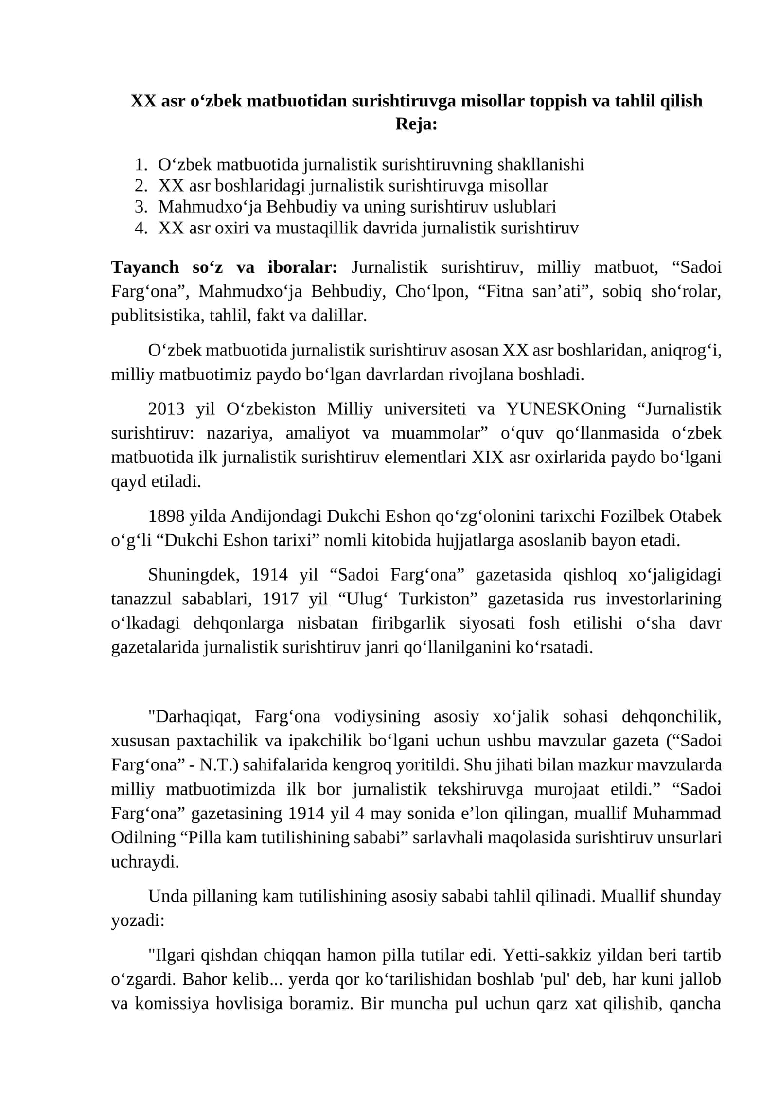 O'zbek matbuotida jurnalistik surishtiruv