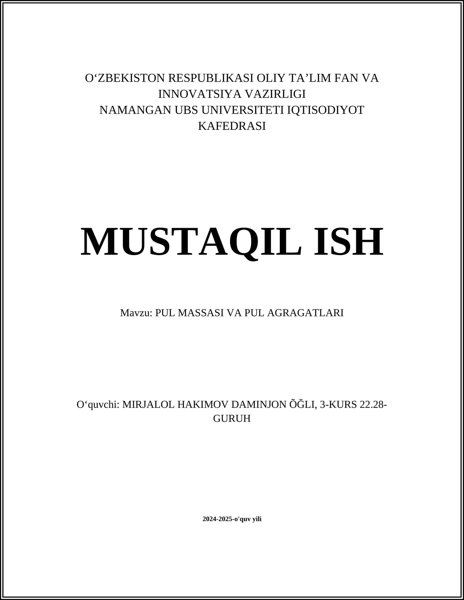 Pul Massasi va Pul Aqratgatlari