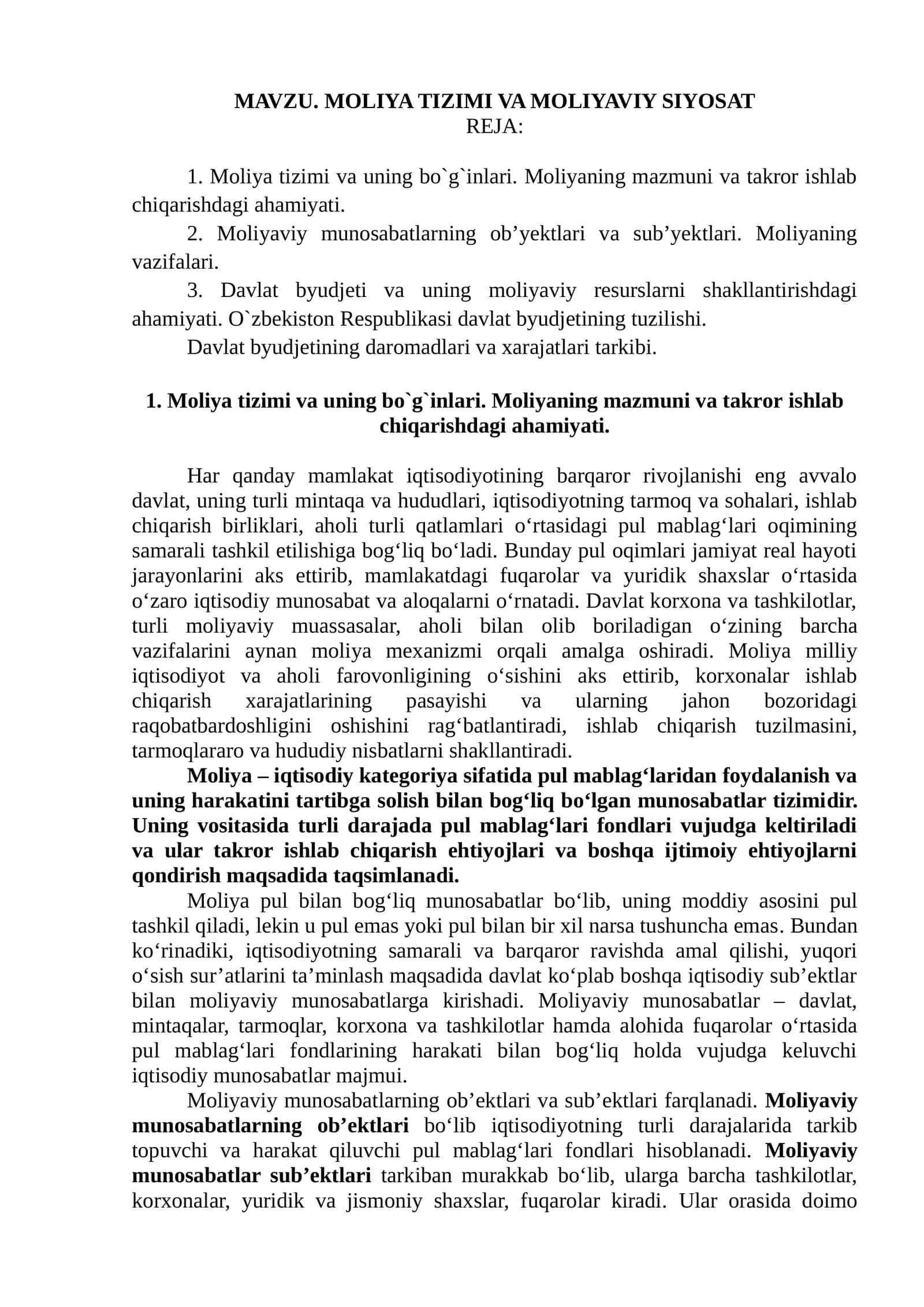 Moliya tizimi va moliyaviy siyosat