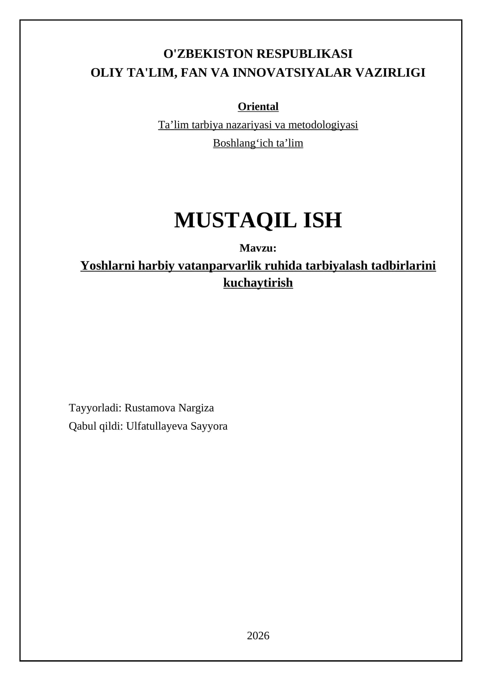 Yoshlarni harbiy vatanparvarlik ruhida tarbiyalash tadbirlarini kuchaytirish