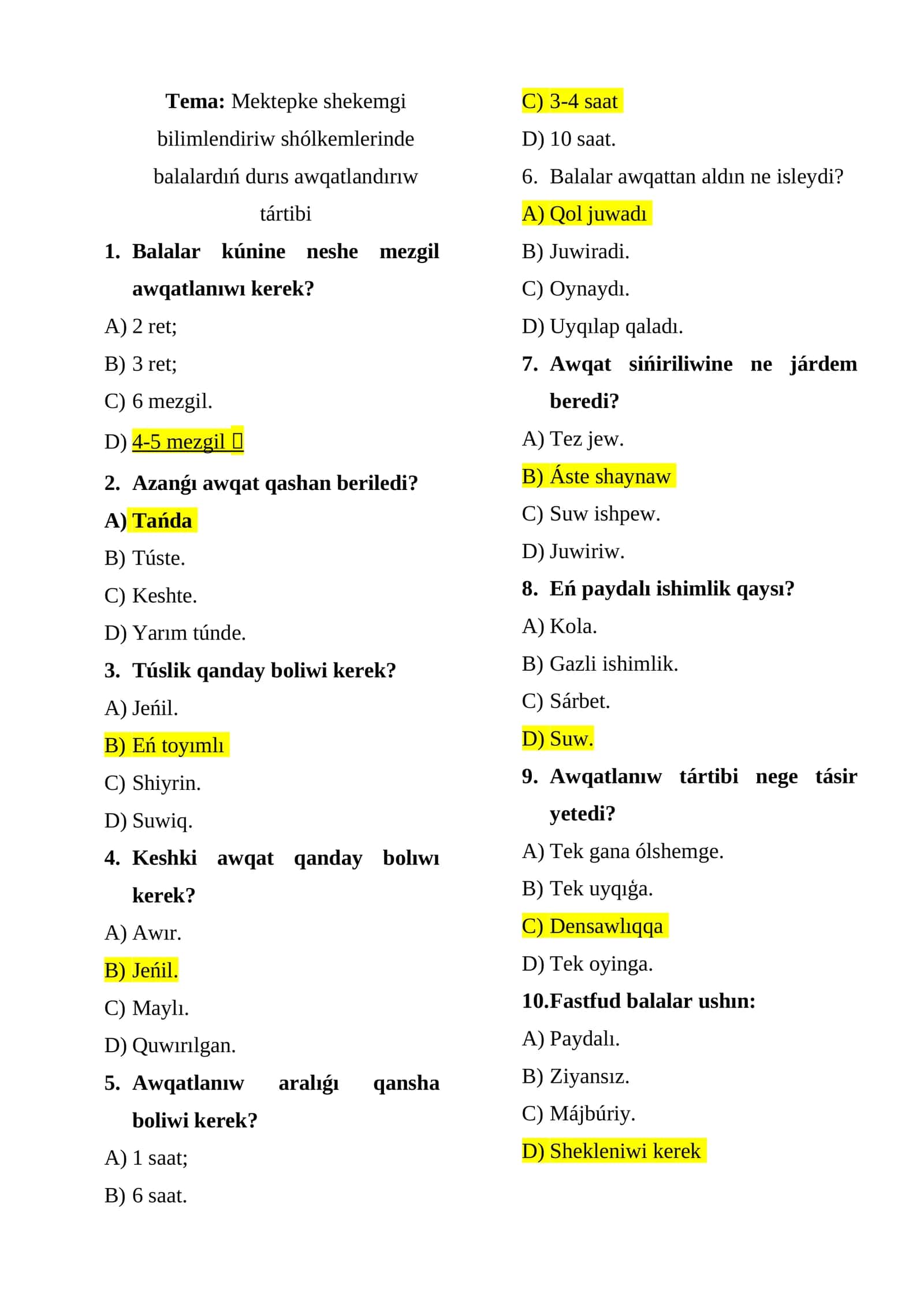 Mektepke shekemgi bilimlendiriw shólkemlerinde balalardıń durıs awqatlandırıw tártibi